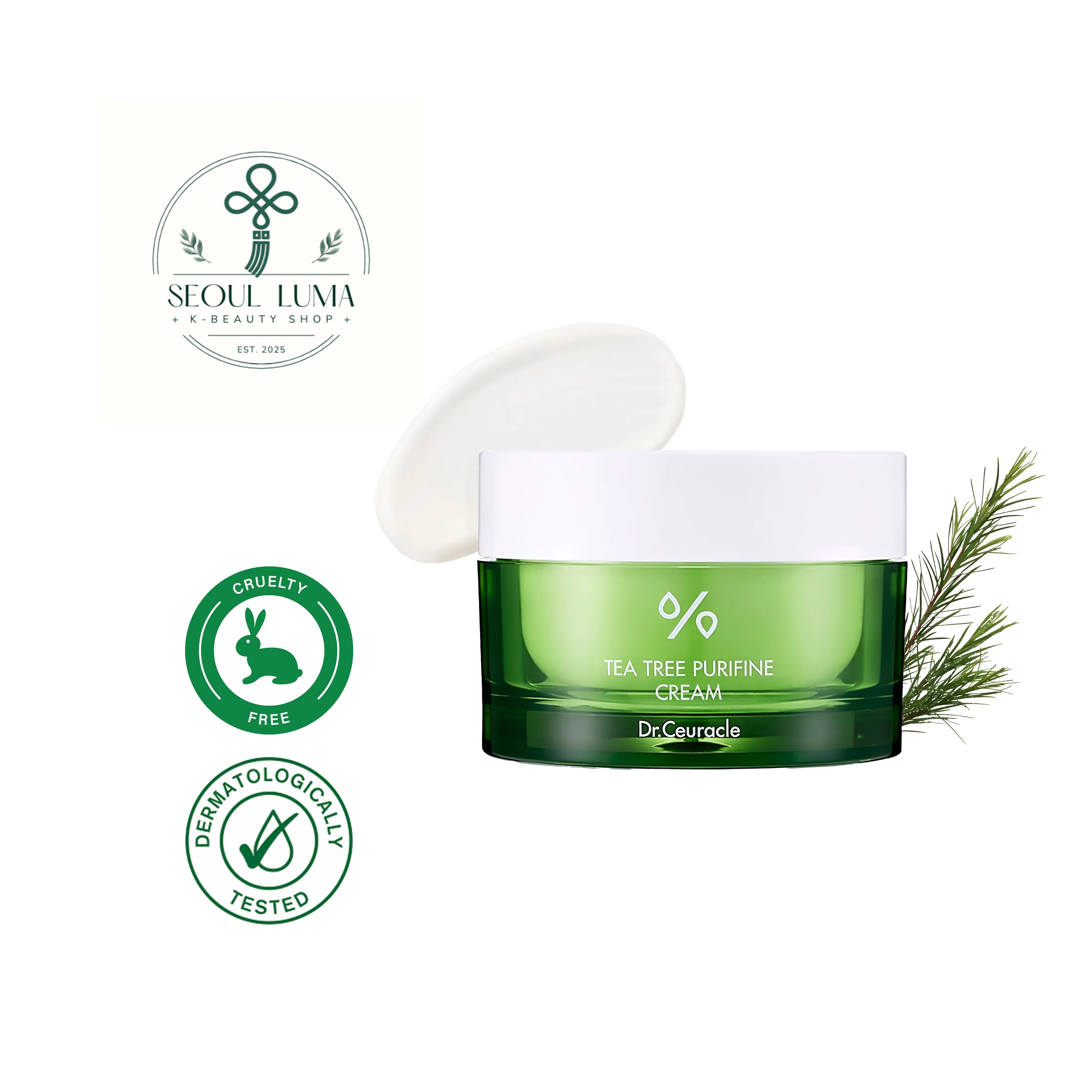 DR.CEURACLE Tea Tree Purifine Cream with 80% tea tree extract, centella asiatica, and panthenol for anti-acne and soothing troubled skin care